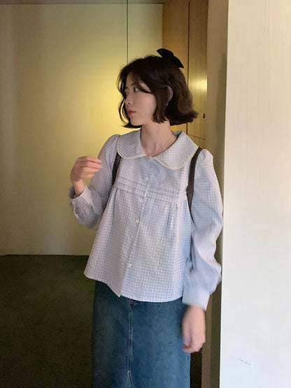 Blue Plaid Puff Long Sleeve Shirt