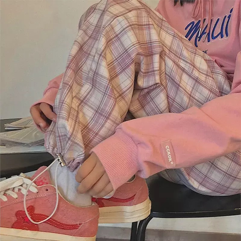 Cute Pastel Pink Checkered Plaid Pants Autumn Punk High Waisted Causal Loose Trouser Hip Hop Bottoms E-Girl Kawaii Korean Japanese Harajuku Streetwear
