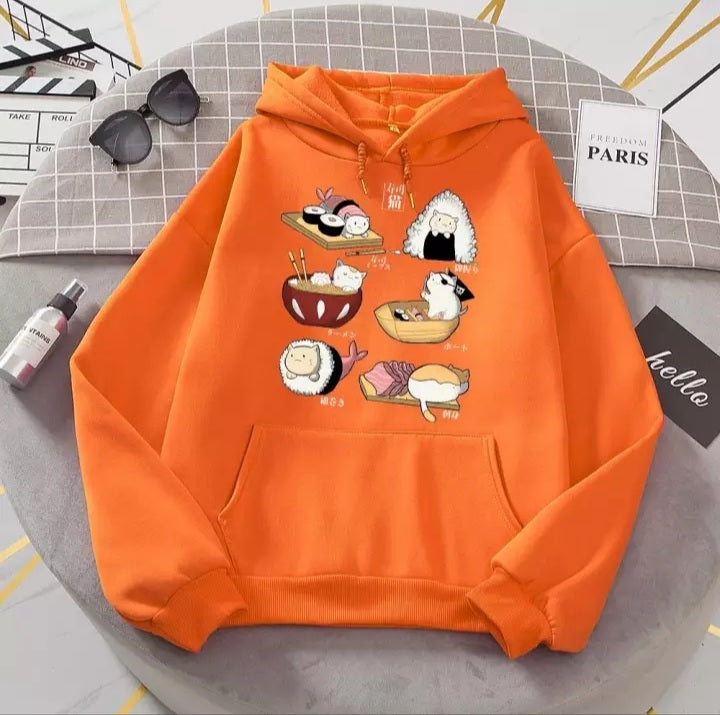 Cute Cat Sushi Cartoon Print Oversized Hoodie Fleece Sweatshirt Pullover Aesthetic Casual E-Girl Kawaii Korean Japanese Harajuku