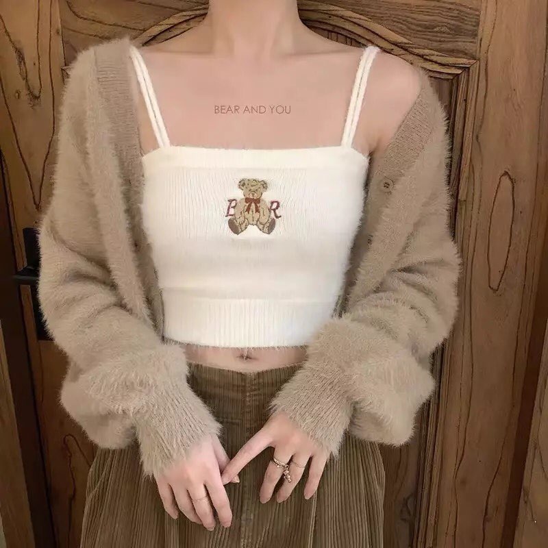 Bear Embroidery Knit Crop Top Spaghetti Strap Tank Sleeveless Shirt Summer Aesthetic Casual E-Girl Kawaii Korean Japanese Harajuku