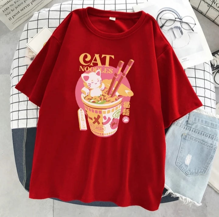 Cute Cat Noodle Ramen Graphic Cartoon Print Loose Short Sleeve T-shirt Aesthetic Casual Summer E-Girl Kawaii Korean Japanese Harajuku