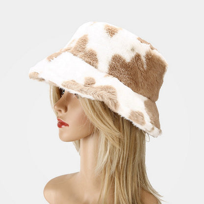 Cow Print Plush Bucket Hat Warm Soft Velvet Fishermen Cap Animal Print Winter Women E-Girl Kawaii Korean Japanese Harajuku Streetwear