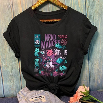 Cute Cat Kitten Neko Cartoon Print Goth Funny Short Sleeve Shirt Tee T-shirt E-Girl Kawaii Korean Japanese Harajuku Chinese Retro Streetwear Aesthetic