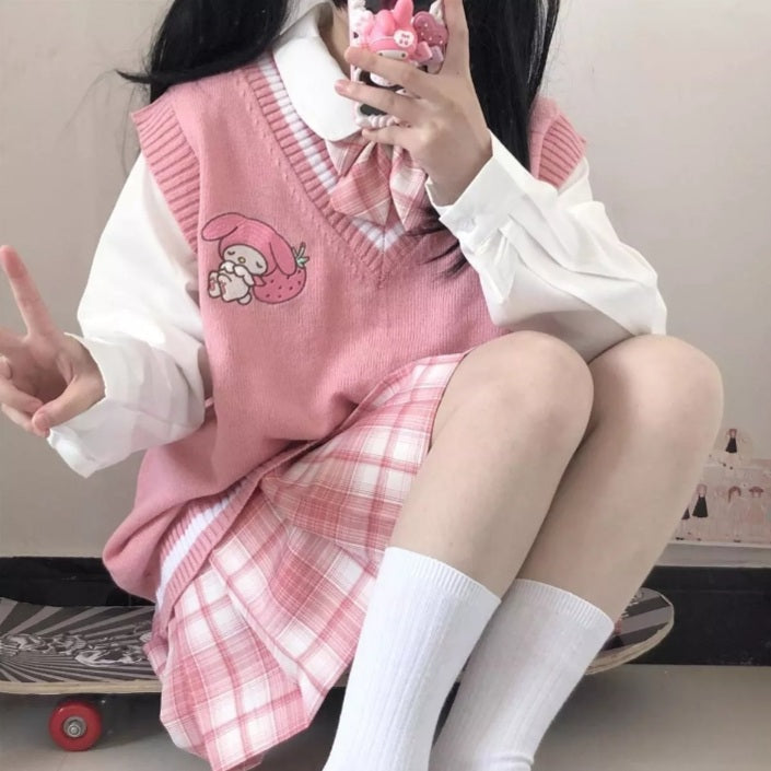Cute Anime Cartoon Print Knit Vest Sweater Crop Top V Neck Sleeveless Shirt Aesthetic Casual Summer E-Girl Kawaii Korean Japanese Harajuku