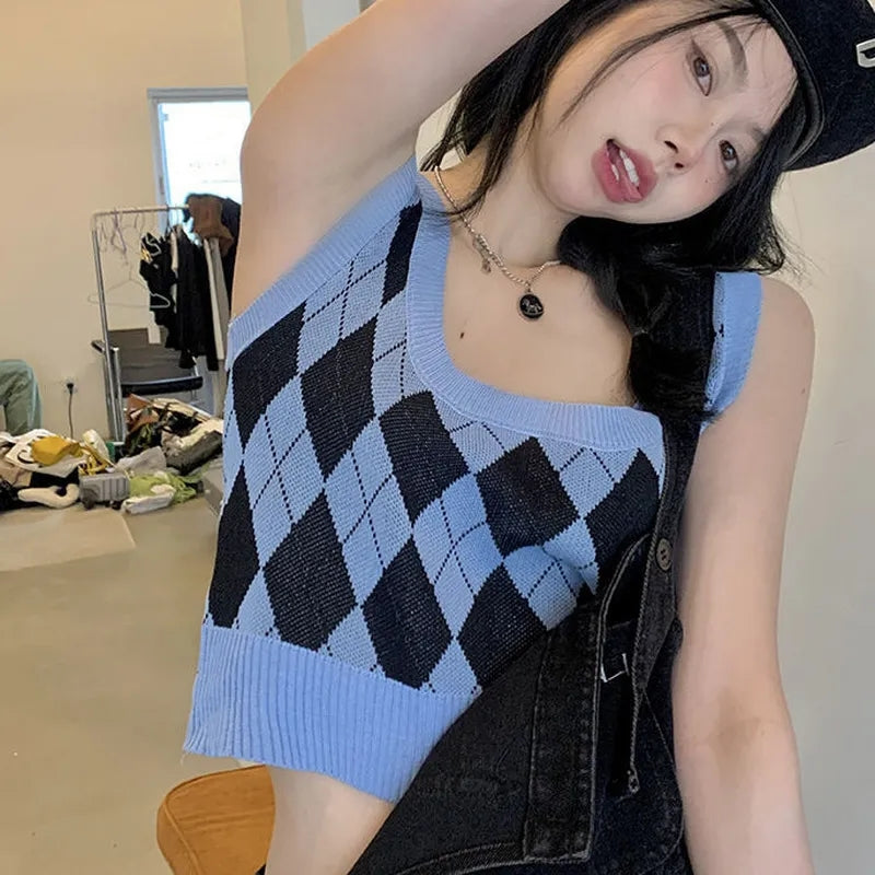 Pink Argyle Knit Tank Top