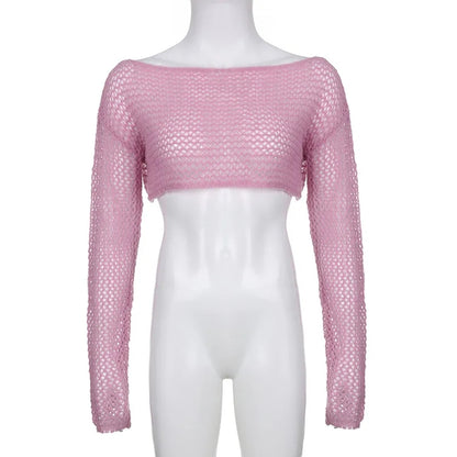 Pink Hollow Out Fishnet Long Sleeve Shirt