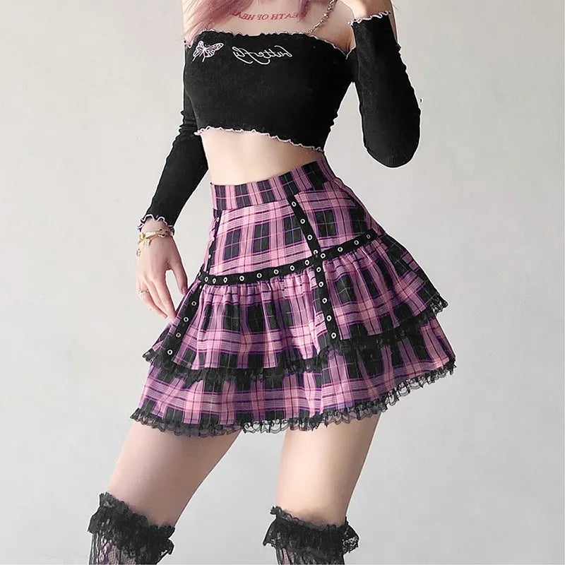 Pink Plaid Pleated Lace Mini Skirt