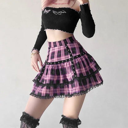 Pink Plaid Pleated Lace Mini Skirt