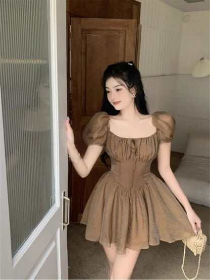 Brown Squares Neck Puff Sleeve Dress