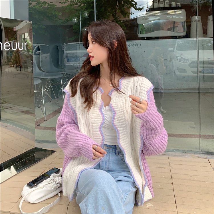Purple & White Patchwork Knit Cardigan