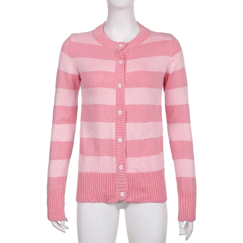 Pink Stripe Button Down Long Sleeve Cardigan