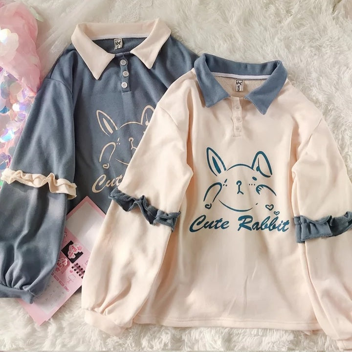 Cute Bunny Rabbit Graphic Vintage Collar Long Sleeve T- Shirt Sweatshirt Aesthetic Casual E-Girl Kawaii Korean Japanese Harajuku