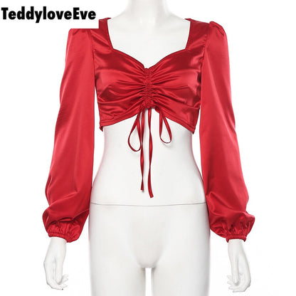 Cute Sexy Red Chiffon Low Cut Crop Top Long Sleeve Shirt Tee T-shirt E-Girl Kawaii Korean Japanese Harajuku Chinese Retro Streetwear Aesthetic
