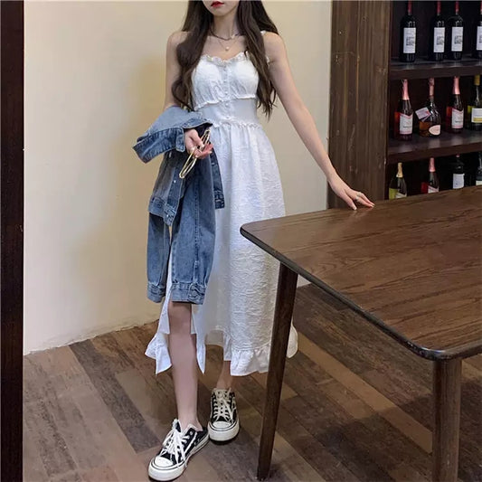 Cute White Ruffle Maxi Dress Fairy Strap Tank Lace Sundress Party Cottage Aesthetic Casual Summer E-Girl Kawaii Korean Japanese Harajuku