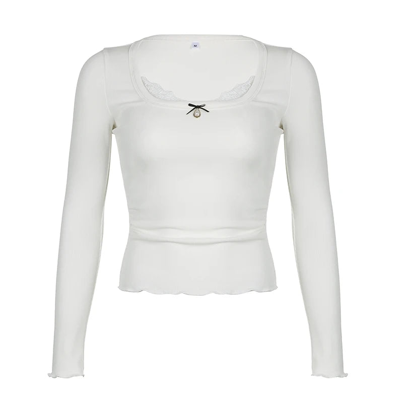 White Lace Bow Long Sleeve Crop Top