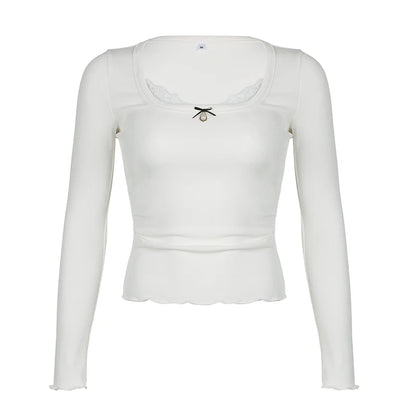 White Lace Bow Long Sleeve Crop Top