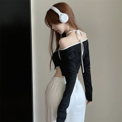 Pink Patchwork Long Sleeve Crop Top