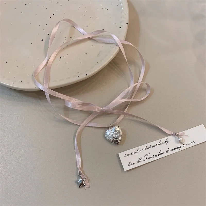 Pink Heart Pendant Rope Tied Necklace