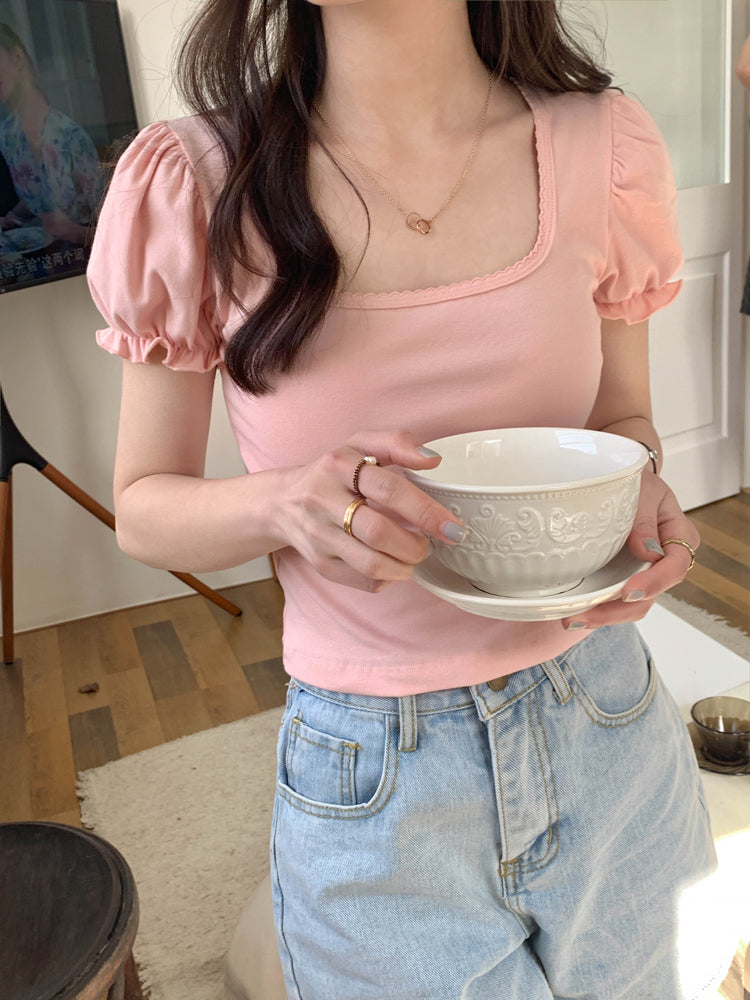 Pink Puff Sleeve Square Collar Top