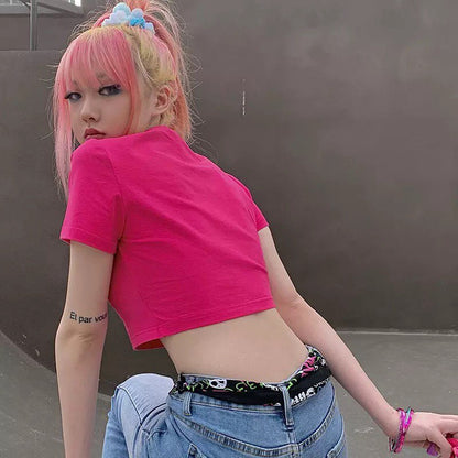 Cute Pink Love Heart Skull Print Short Sleeve T-shirt Crop Top Summer Casual Goth Punk E-Girl Kawaii Korean Japanese Harajuku Streetwear