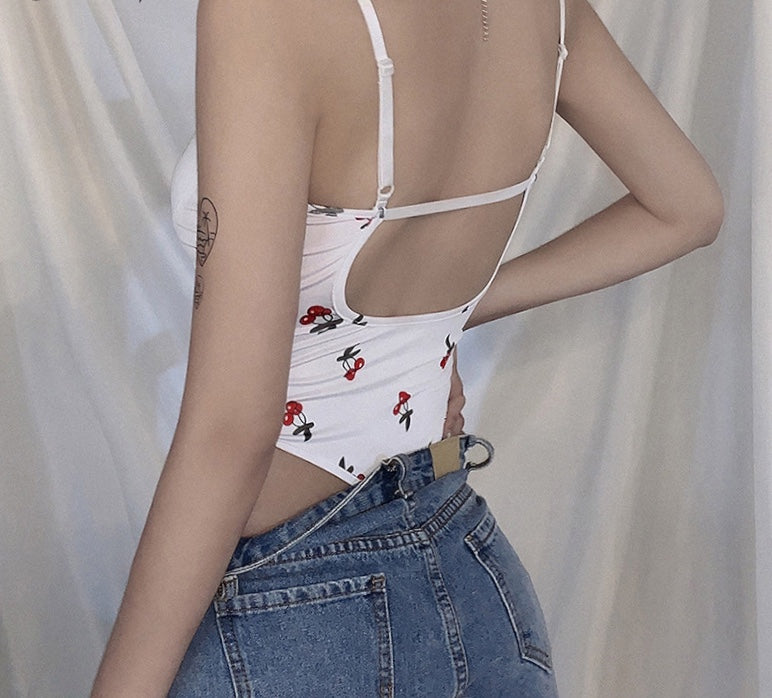 Cute Sweet Sexy Cherry Ruffle Bodysuit Top Tees Tshirts E-Girl Kawaii Korean Japanese Harajuku Chinese Retro Streetwear Aesthetic