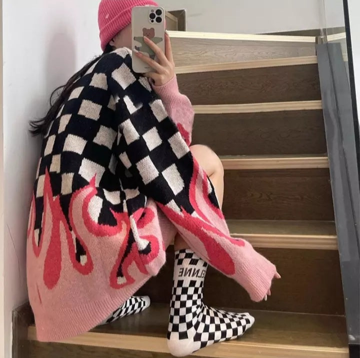 Cute Hot Pink Flames Fire Checkerboard Plaid Oversized Knit Sweater Pullover Aesthetic Casual E-Girl Kawaii Korean Japanese Harajuku