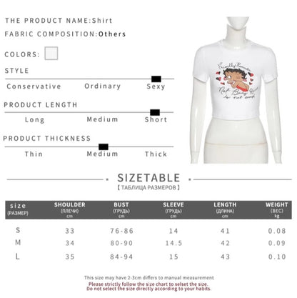Cute 90s Vintage Betty Girl Cartoon Print White Short Sleeve Tshirt Crop Top Aesthetic Casual Summer E-Girl Kawaii Korean Japanese Haraju