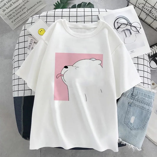 Cute Polar Bear Animal Print Cartoon Loose Oversize Short Sleeve Short T-shirt Tee Top Summer Casual E-Girl Kawaii Korean Japanese Harajuku Streetwear