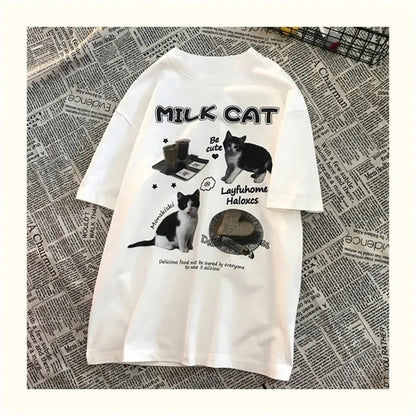 Cat Milk Cartoon Print Short Sleeve T-shirt