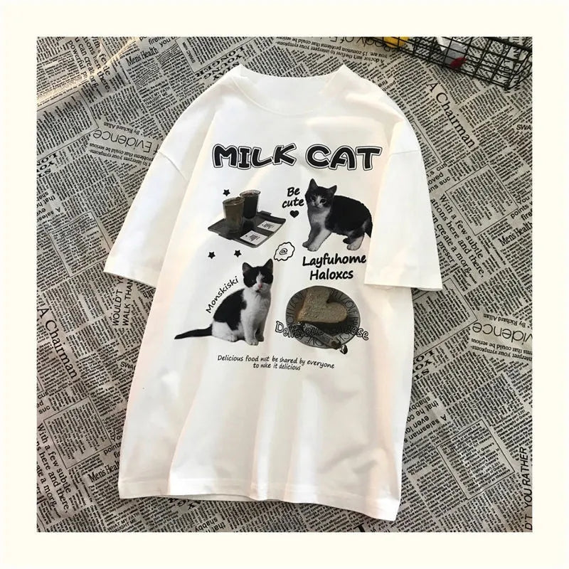 Cat Milk Cartoon Print Short Sleeve T-shirt