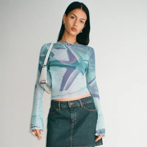 Starfish Mesh Graphic Print Flare Long Sleeve Shirt