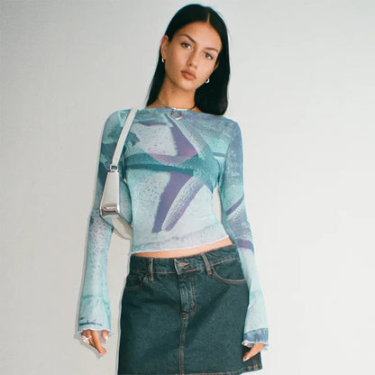 Starfish Mesh Graphic Print Flare Long Sleeve Shirt