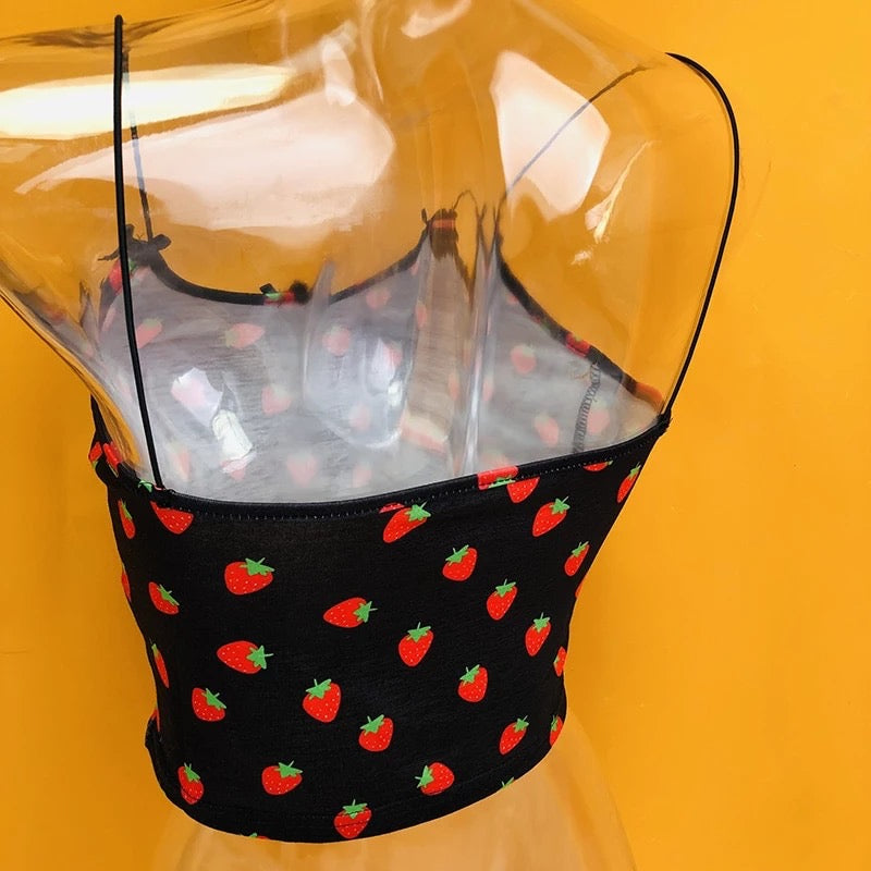 Cute Strawberry Fruit Spaghetti Strap Crop Top Camisole Shirt Tee T-shirt E-Girl Kawaii Korean Japanese Harajuku Chinese Retro Streetwear Aesthetic