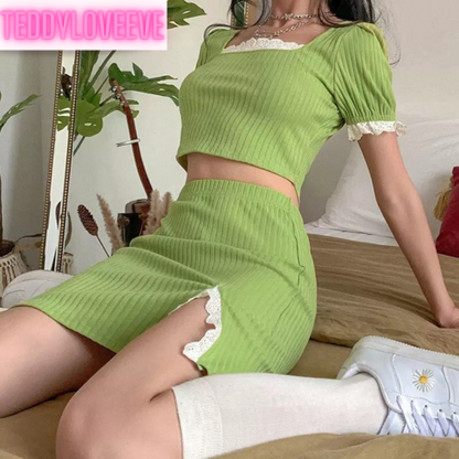 Cute Green Ribbed 2PCS Set Square Collar Puff Sleeve Lace Short Sleeve Crop Top Skirt Summer Party E-Girl Kawaii Korean Japanese Harajuku Streetwear