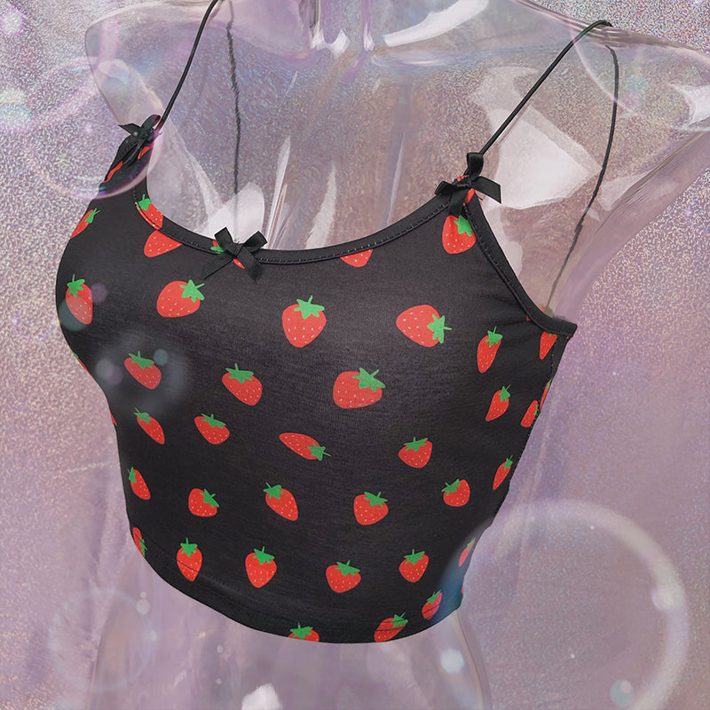 Cute Strawberry Fruit Spaghetti Strap Crop Top Camisole Shirt Tee T-shirt E-Girl Kawaii Korean Japanese Harajuku Chinese Retro Streetwear Aesthetic