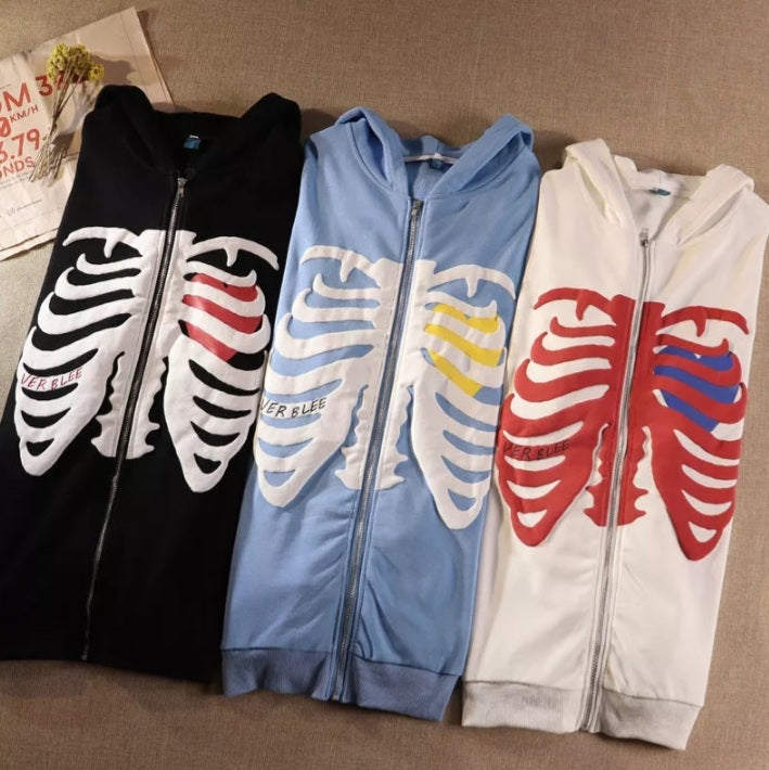 Retro Rib Skeleton Print Long Sleeve Hoodie Jacket Zipper Pullover Casual E-Girl Kawaii Korean Japanese Harajuku Streetwear
