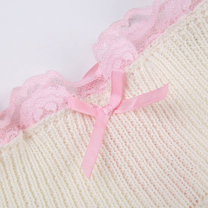 White Knit Bow Ribbed Trim Low Waist Mini Skirt