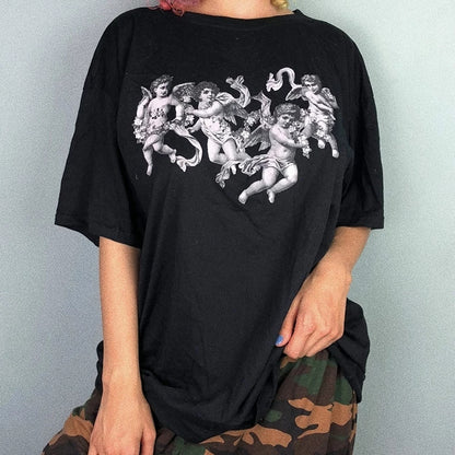 Cute 90s Angel Art Cartoon Print Short Sleeve T-shirt Vintage Punk Aesthetic Casual Summer E-Girl Kawaii Korean Japanese Haraju