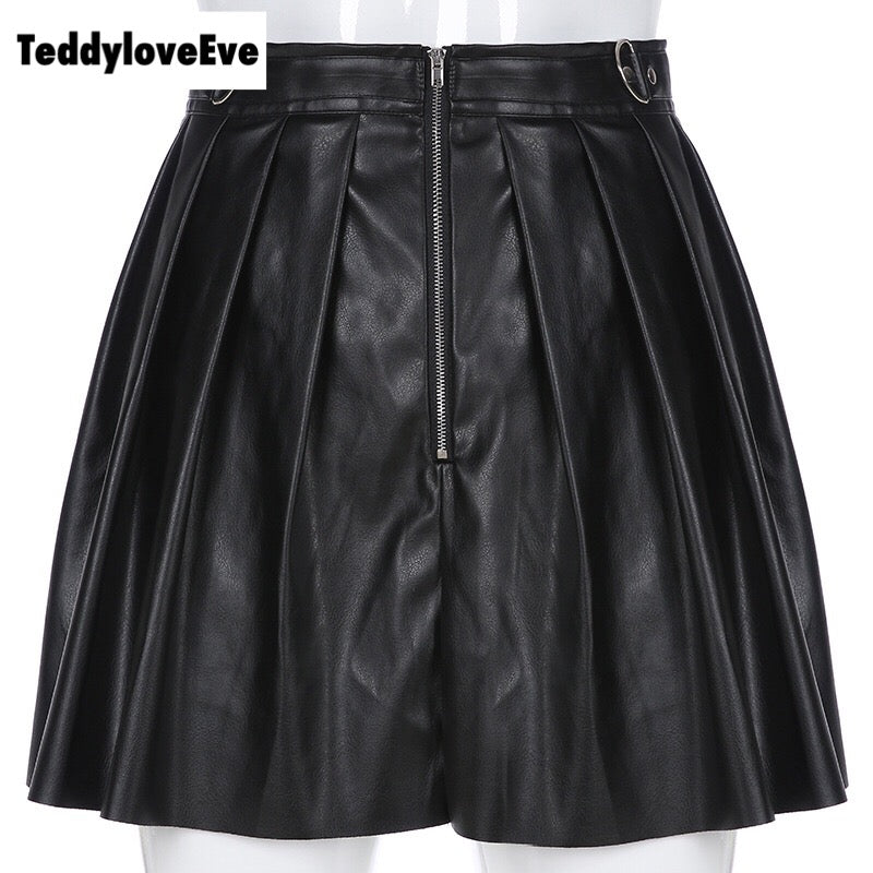 Sexy Black Goth Grunge Punk Summer Zipper Rivet Pleated PU Skirt Metal Ring Hallow Out E-Girl Kawaii Korean Japanese Harajuku Streetwear