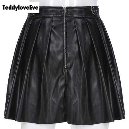 Sexy Black Goth Grunge Punk Summer Zipper Rivet Pleated PU Skirt Metal Ring Hallow Out E-Girl Kawaii Korean Japanese Harajuku Streetwear