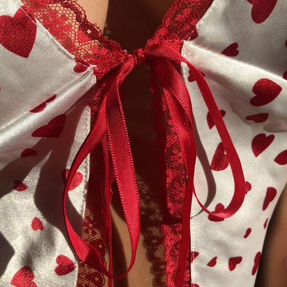 Cute Sexy Heart Print V Neck Lace Edge Crop Top Camisole Shirt Club Party Summer Casual E-Girl Kawaii Korean Japanese Harajuku Streetwear