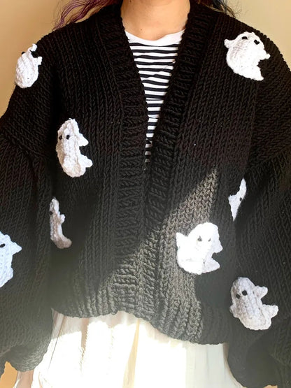 3D Black Ghost Crochet Sweater