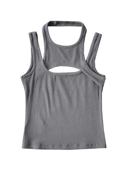 Grey Asymmetrical Hollow Out Tank Top