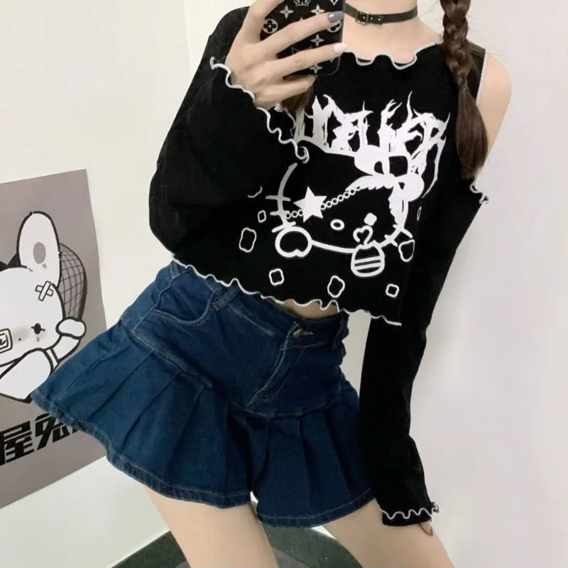 Cat Off Shoulder Frill Long Sleeve Shirt