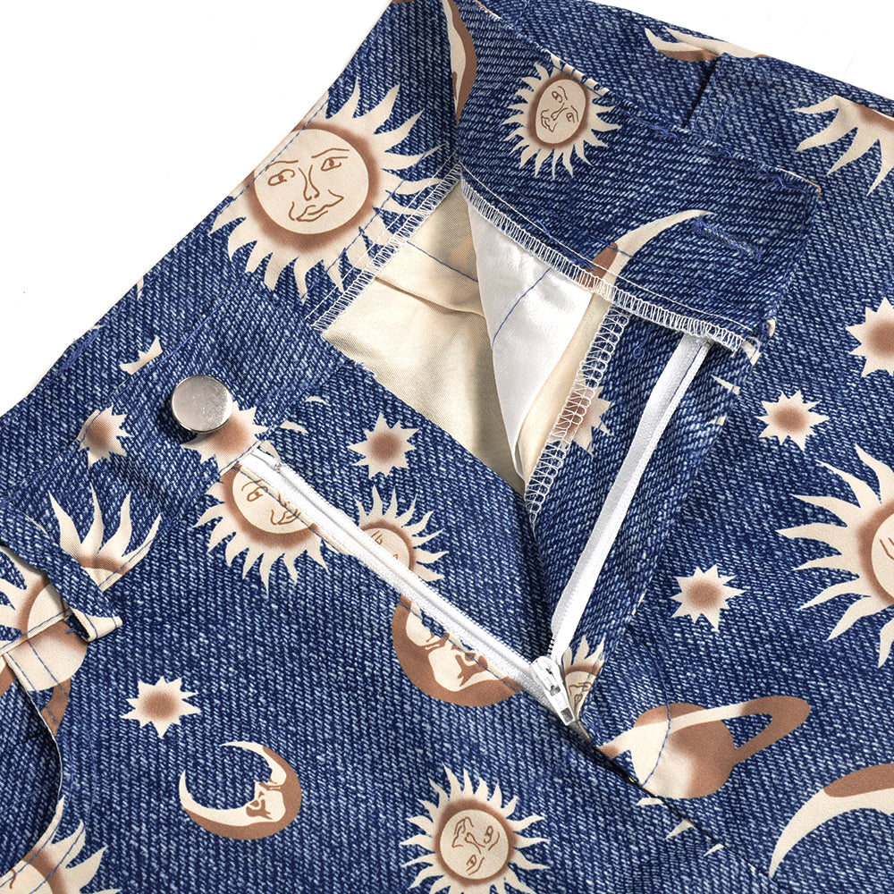 Cute Sun Moon Star Planet Pattern Loose Denim Shorts Bottom E-Girl Kawaii Korean Japanese Harajuku Chinese Retro Streetwear Aesthetic
