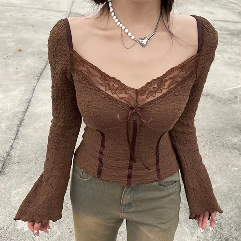 Brown Lace Trim V Neck Flare Long Sleeve Top