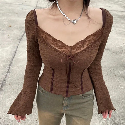 Brown Lace Trim V Neck Flare Long Sleeve Top