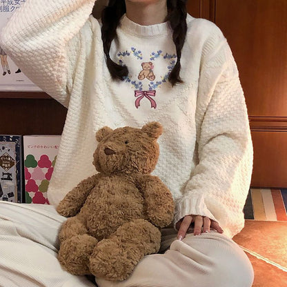 Heart Bear Flower Bow Embroidery Knit Sweater