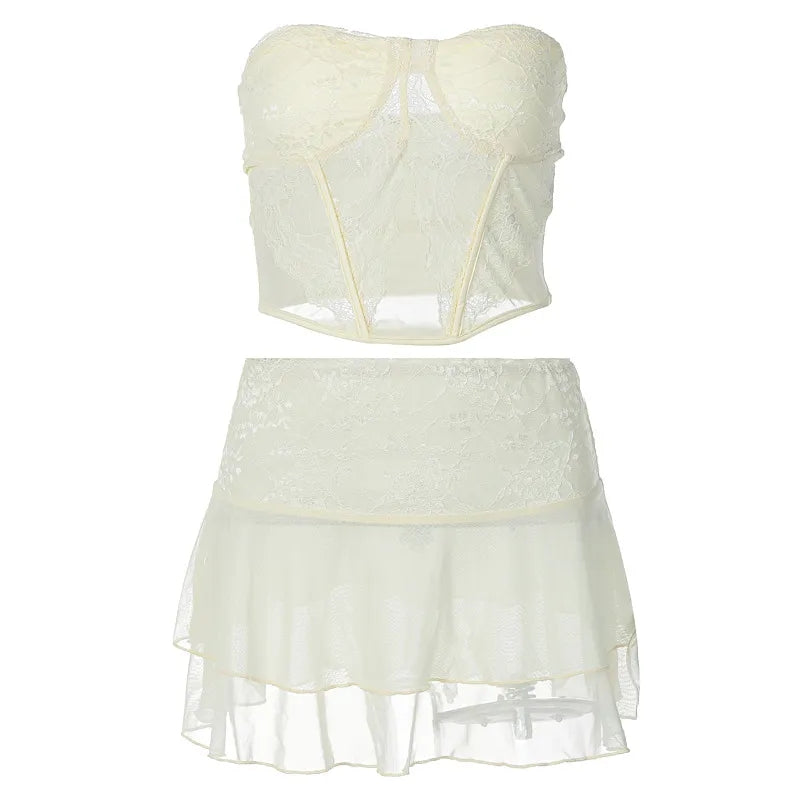 2PCS Cream Lace Corset Top + Mini Skirt