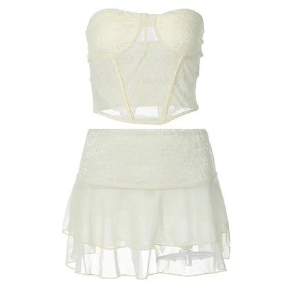 2PCS Cream Lace Corset Top + Mini Skirt